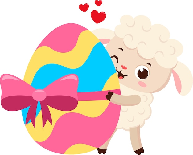 Cute Little Sheep Cartoon Character Showing A Easter Egg Vector Illustration Flat Design