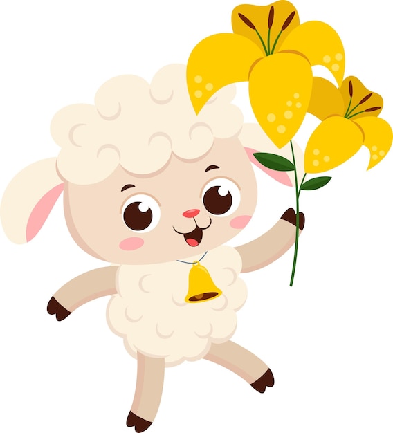 Cute Little Sheep Cartoon Character Walking And Holding A Flower