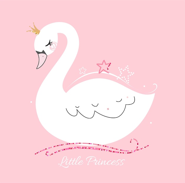 Cute little swan princess on pink background. Trendy style.