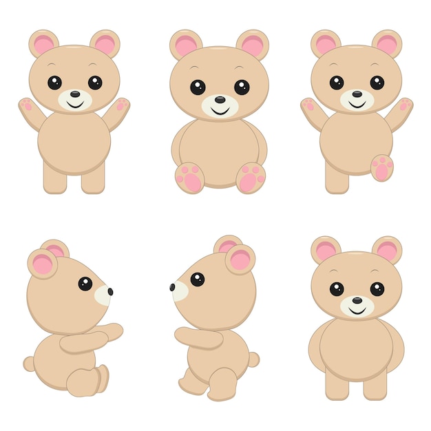 Cute little teddy bear doing various activities. Funny brown bear character vector illustration.