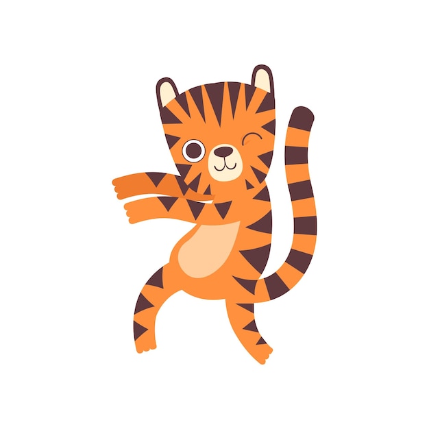 Cute Little Tiger Dancing Adorable Wild Animal Cartoon Character Vector Illustration on White Background