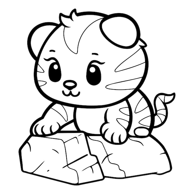 Cute little tiger sitting on a rock Vector illustration in cartoon style