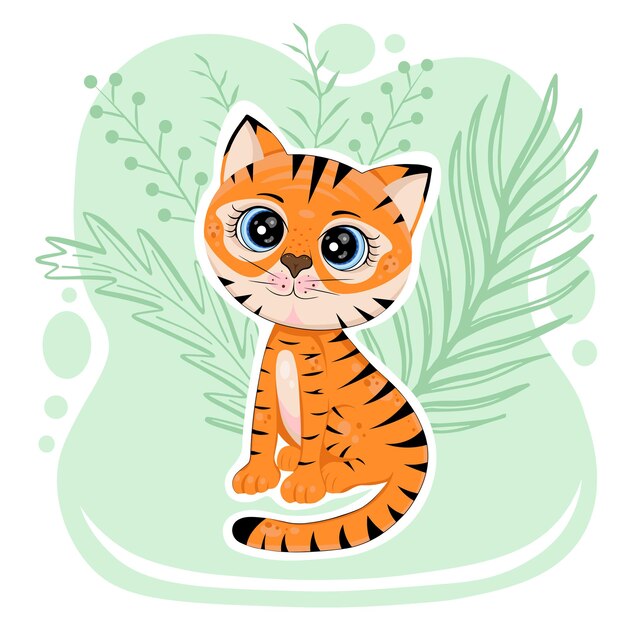 Cute little tiger with plants. Illustration for printing, backgrounds, wallpapers, covers, packaging, greeting cards, posters, stickers, textile and seasonal design.