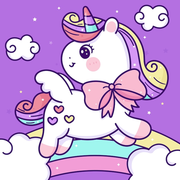 Cute little unicorn cartoon pegasus pony on sweet rainbow kawaii animal