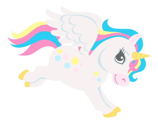 Cute little unicorn flying. Running magic animal with wings