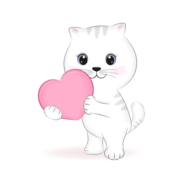 Cute little white Cat with Heart, animal cartoon illustration