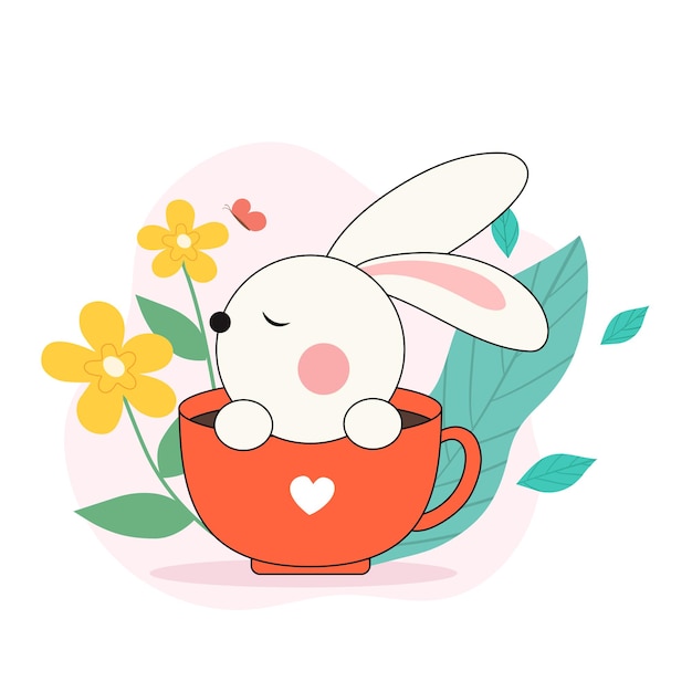 A cute little white rabbit in a cup