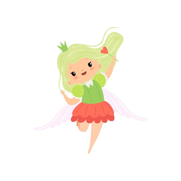 Cute Little Winged Fairy with Light Green Hair Beautiful Girl Princess Character in Fairy Costume with Magic Wand Vector Illustration on White Background