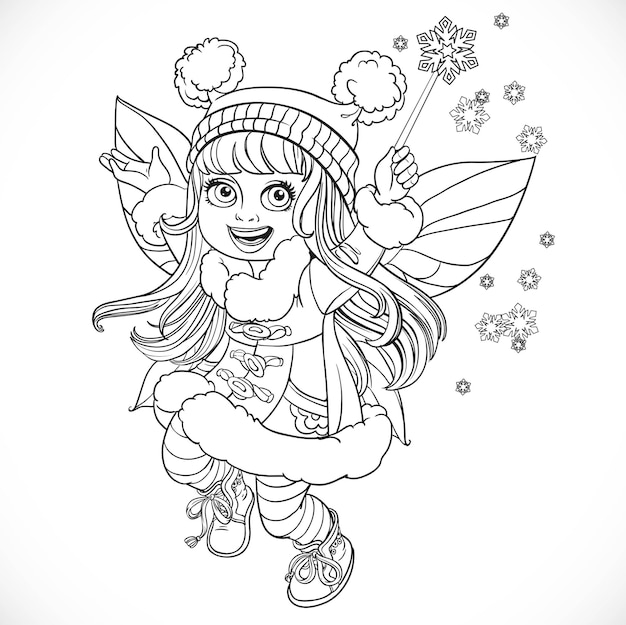 Cute little winter fairy girl in a blue coat with a Magic wand o