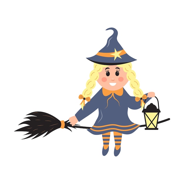 Cute little witch on a broom holding lantern Halloween cartoon character