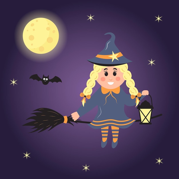 Cute little witch on a broom holding lantern Magic blonde witch girl flying in the sky among moon