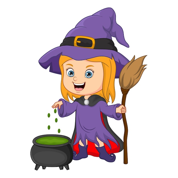 Cute little witch cooking a potion in cauldron