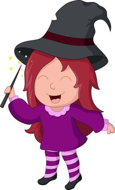 Cute little witch girl holding magic wand