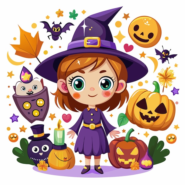 Cute little witch in purple dress and hat with pumpkins and bats around her