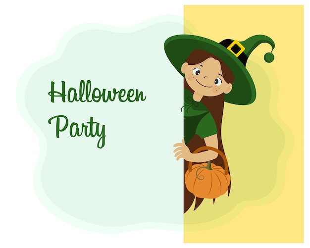 Cute little witch with pumpkin looks out from behind the door and text Halloween Party.