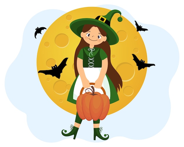 Cute little witch with pumpkin, moon and bats. Halloween illustration, bwnner, template, vector