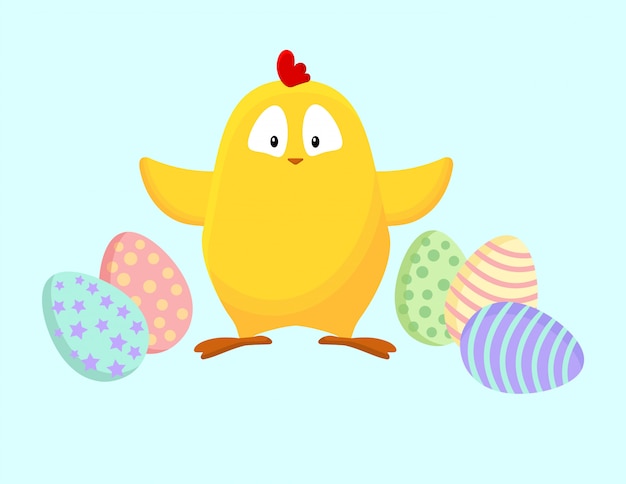 Cute little yellow chicken with easter eggs cartoon image