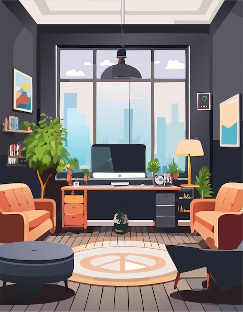 Vector cute living room cozy home interior design cartoon illustration design apartment concept art