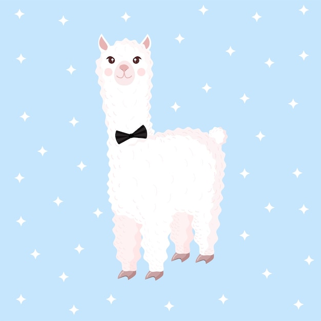 Cute llama or alpaca with a mans bow tie on a blue background with stars Vector illustration