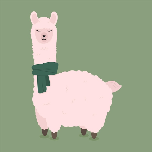 Cute llama on green background wearing a winter scarf Decorative alpaca for children