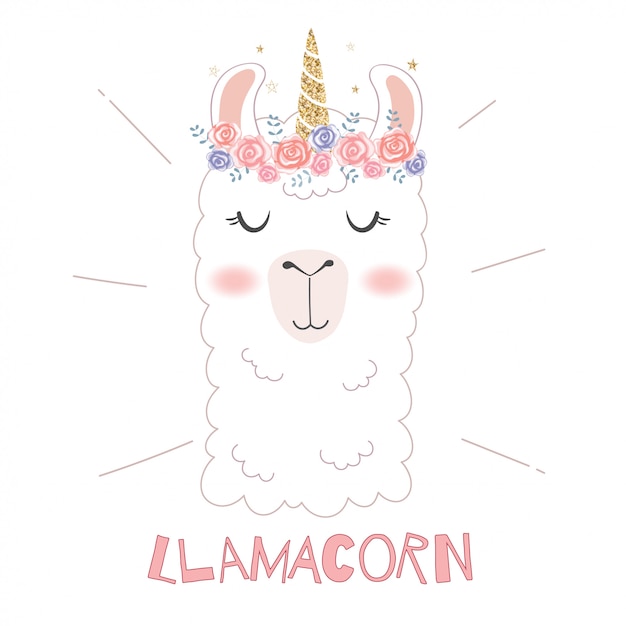 Cute llama head with unicorn horn.