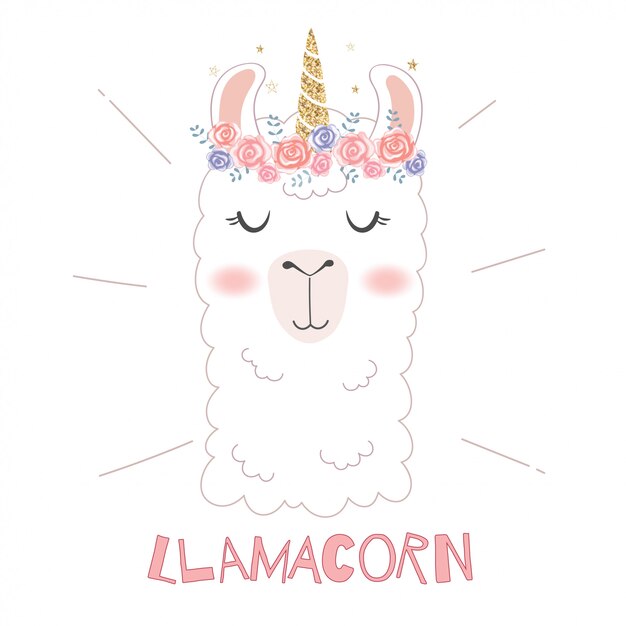 Vector cute llama head with unicorn horn.