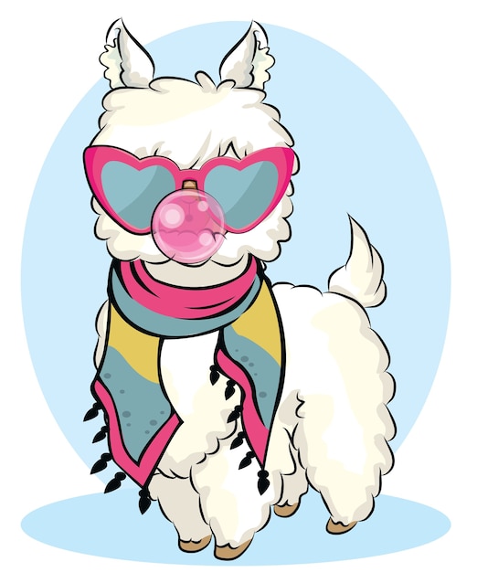 Cute llama with sunglasses and bubble gum