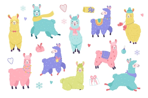 Cute llamas in christmas set with cartoon elements in flat design bundle of colorful happy lamas wit