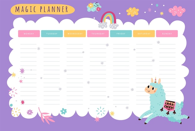 Cute llamas weekly planner Magic alpaca unicorn Kids schedule of classes Rainbow and clouds School organizer with funny animal Lessons planning Vector blank timetable cartoon design