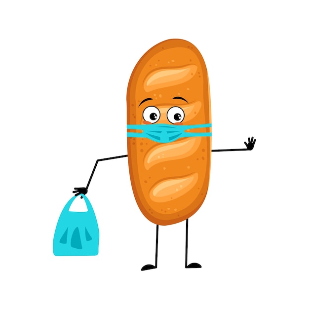 Cute loaf of bread character with face in medical mask and keep distance hands with shopping bag and stop gesture Baking person homemade pastry with care expression Vector flat illustration