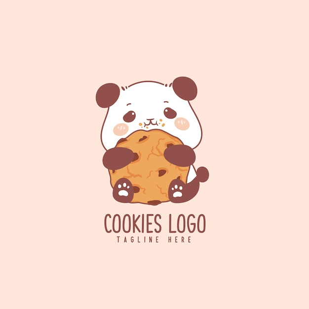 Cute logo for bakery store with panda eat cookies kawaii cartoon hand drawn