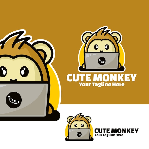 Cute logo monkey with laptop art illustration