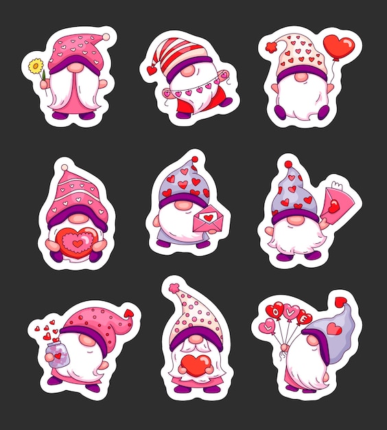 Vector cute love gnomes cartoon characters sticker bookmark