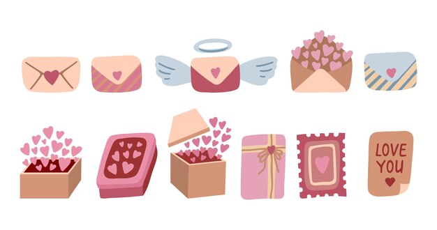 Cute love letters and gift box with hearts Hand drawn vector illustrations for Valentines Day