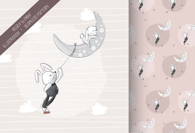 Cute lovely bunny on the moon with seamless pattern