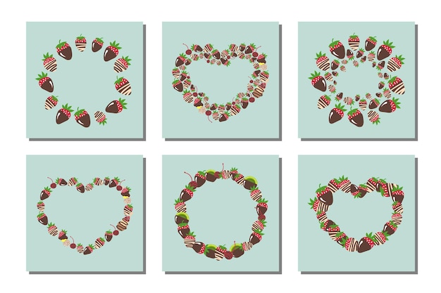 Cute lovely cards set for birthday Valentine's Day wedding candy shop Sweets candy fruits chocolate berry strawberry cookie heart cookie Romantic frames for text