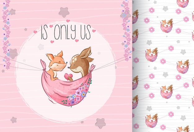 Cute lovely fox and deer with seamless pattern