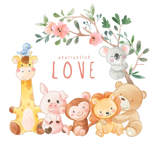 cute lovely group of animals and colorful flowers branches illustration