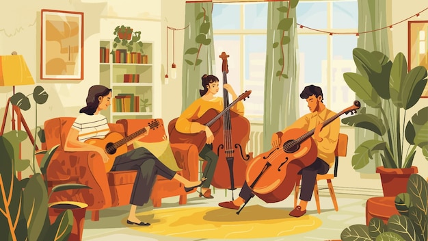 Vector cute and lovely illustration of friends playing musical instruments together in a cozy living room