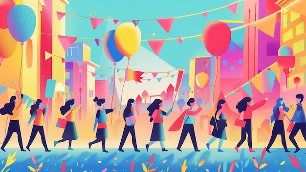 Vector cute and lovely illustration of a vibrant parade scene with friends walking together