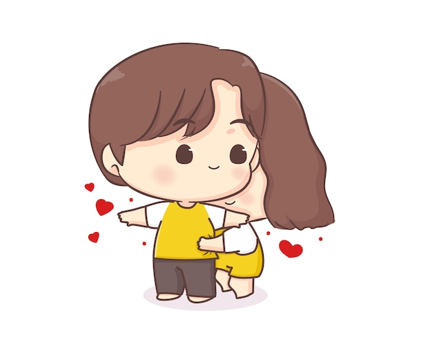 Cute lovers couple chibi cartoon character. Girl hugging her boy friend Happy valentine day