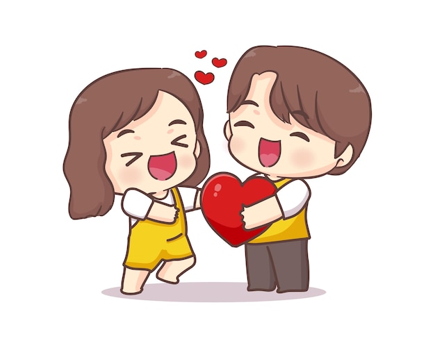 Cute lovers couple greeting pose. Boy giving red love heart. Happy valentine chibi cartoon character