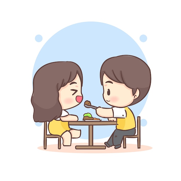 Cute lovers couple sitting and eating together. Happy valentine chibi cartoon character.