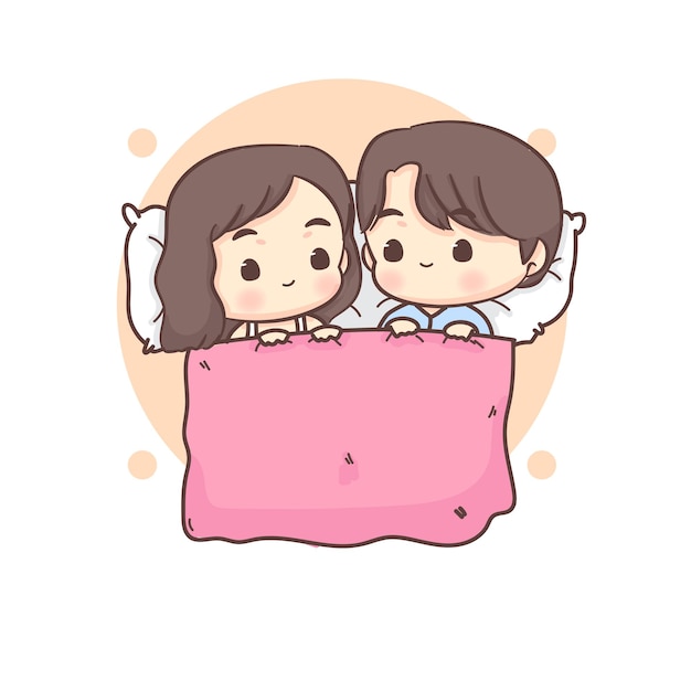 Cute lovers couple sleeping together. Happy valentine chibi cartoon character.