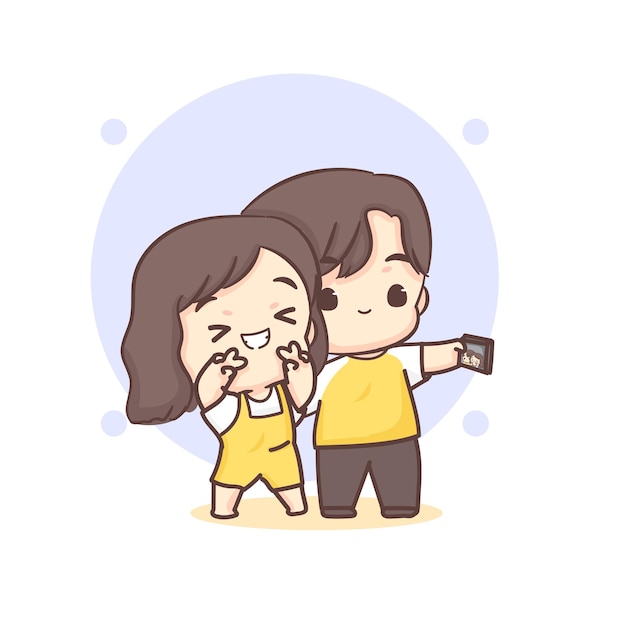 Cute lovers couple taking selfie together. Happy valentine chibi cartoon character.