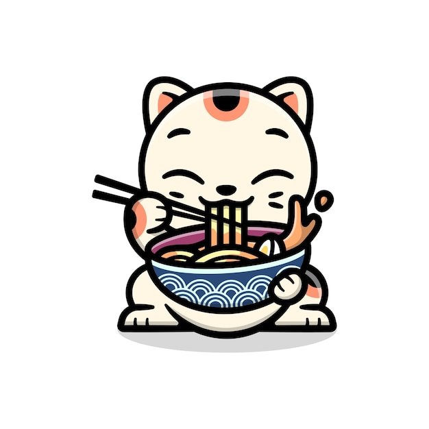 CUTE LUCKY CAT EATING A BOWL OF RAMEN CARTOON CHARACTER