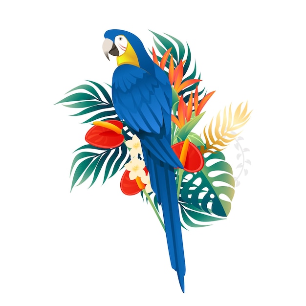 Cute Macaw parrot sit with green leaves and red flower head cartoon animal design flat vector illustration isolated on white background