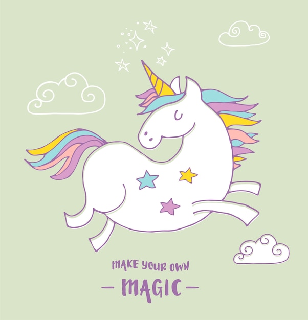 Cute magic unicon and rainbow poster, greeting birthday card