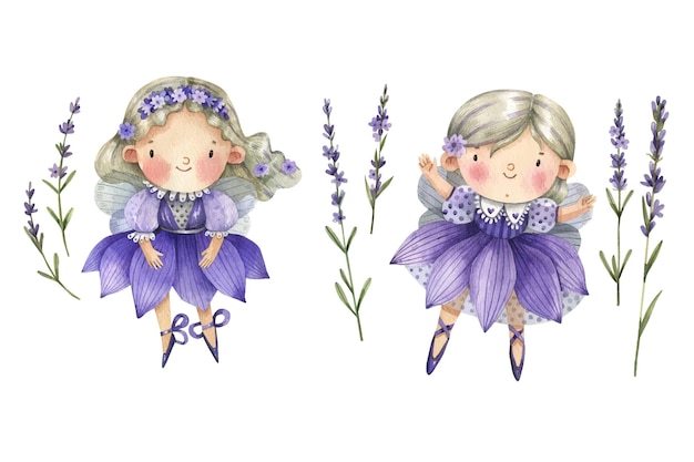 Cute, magical fairies and lavender flowers watercolor illustrations set. Fairies in  purple dresses