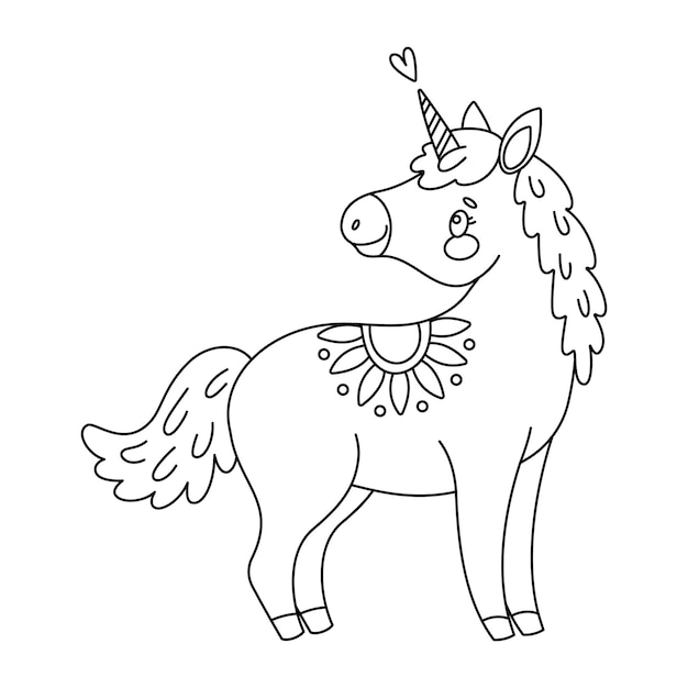 Cute magical unicorn hand drawn doodle line art coloring book magical pony